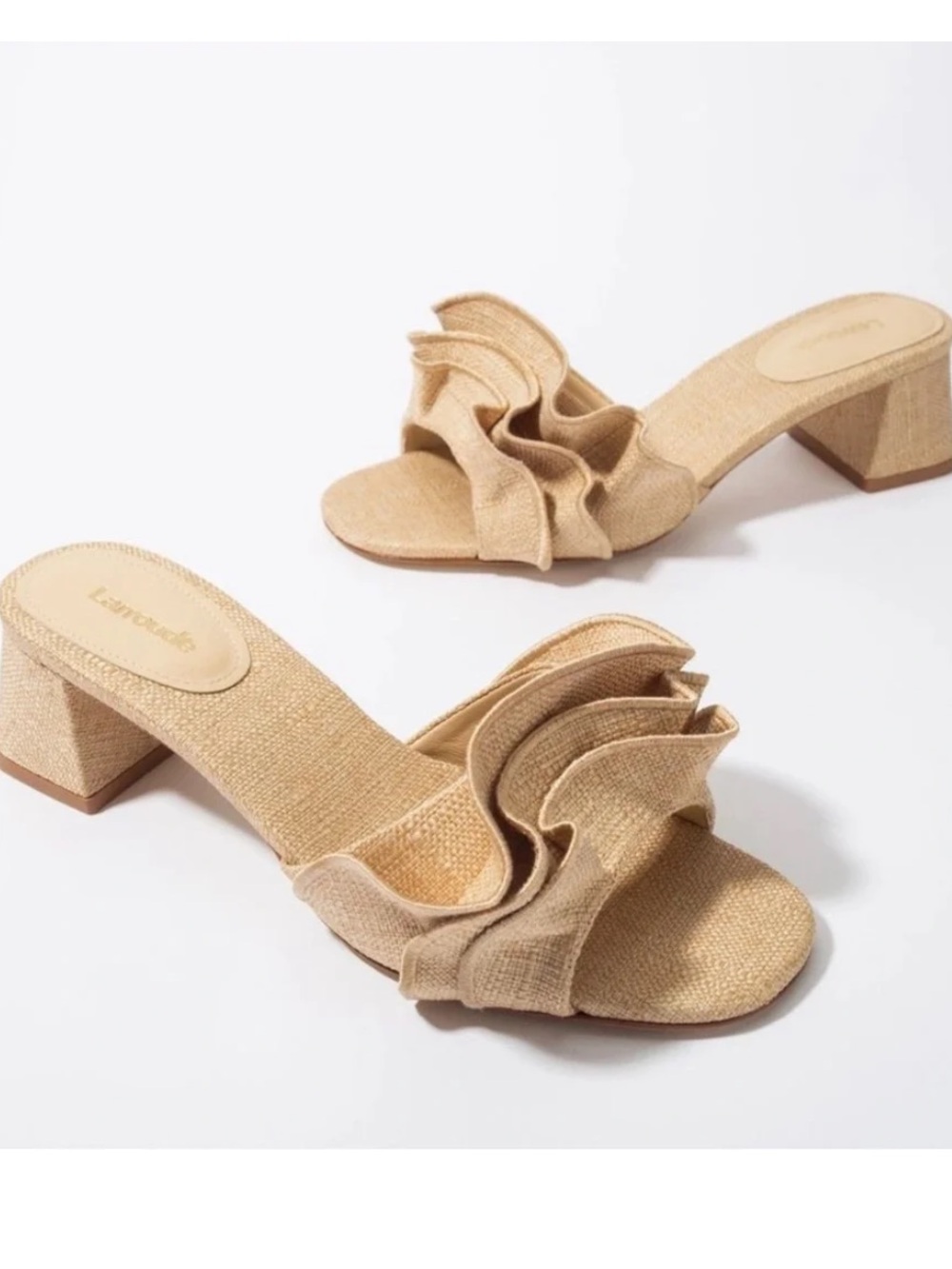 Larroude Ruffled Slide Sandals in Natural Tan, 8